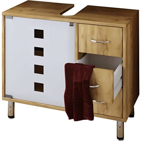 VCM Holz Waschbeckenunterschrank | Badschrank | Maße: H. 58 x B. 67 x T. 30 cm | 1 ESG-Sicherheitsglastür | 3 Schubladen | modernes Badezimmermöbel - Darola Honig-Eiche