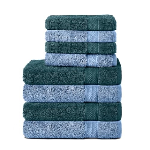 Komfortec 8er Handtuch Set aus 100% Baumwolle, 4 Badetücher 70x140 und 4 Handtücher 50x100 cm, Frottee, Weich, Towel, Groß, Petrol/Hellblau