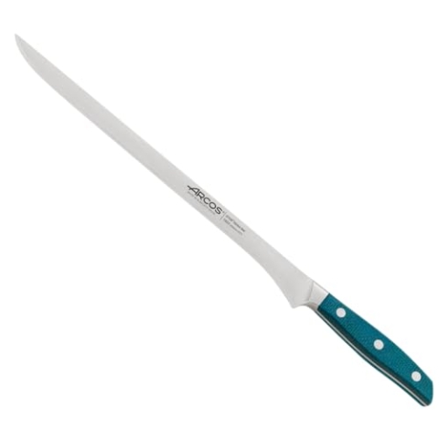 Arcos Tranchiermesser Geschmiedet - Professionelles Kochmesser aus Edelstahl, Ideal für Schinken - Micarta-Griff und Spezielle Borseda, Silberne Klinge 300 mm - Blau, Serie Brooklyn