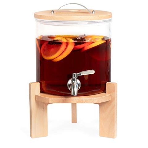 Navaris 5L Getränkespender mit Zapfhahn aus Edelstahl - Glas Wasserspender mit Stand aus Buchen Holz - Spender aus hitzebeständigem Borosilikatglas