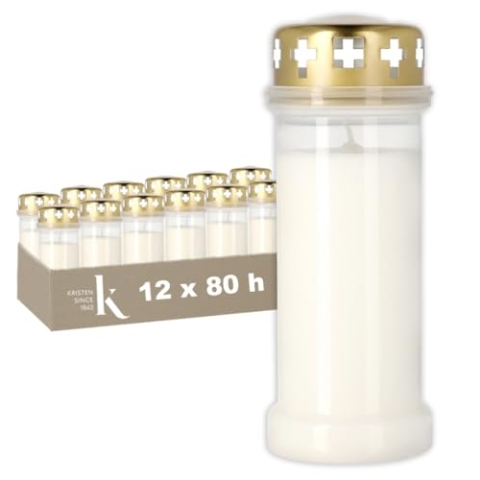 KRISTEN Traditionelles 6D-Grablicht für den Außenbereich – 80 Brennstunden – Weiß – Set mit 12 Stück – Vorteilspack – Gedenklicht, Grabkerze, Gedenkkerze