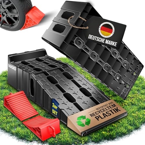 MASKO® Auffahrrampe 2er Set | Auffahrkeile bis 10T Traglast | KFZ-Rampe mit Überfahrschutz | Verladerampe rutschfest, robust und extra breit | Garagenrampen Autorampe Ölwechsel und Reparatur