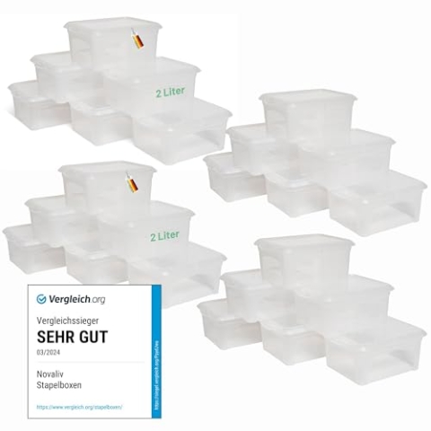 Novaliv 24x Aufbewahrungsboxen mit Deckel klein 2 L transparente Nestbar stapelbare Plastikboxen mit Clipverschluss Kunststoff BPA-frei 20x16,5x9 cm