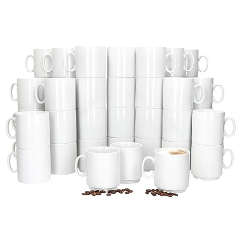 MamboCat Event 48er Set Kaffeebecher I 250 ml I weiße Porzellan-Becher mit Henkel 48 Personen I stapelbare Tassen für Heißgetränke wie Tee, Kakao, Latte Macchiato & Co I schickes Kaffee-Geschirr