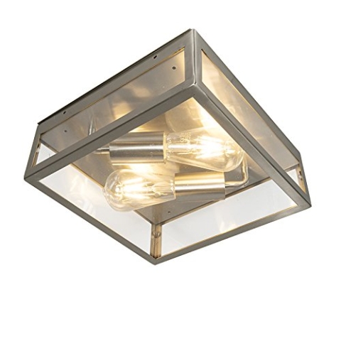 Qazqa - Moderne quadratische AußenDeckenleuchte I Deckenlampe I Lampe I Leuchte Stahl I Silber I nickel matt zweiflammig - Rotterdam I Außenbeleuchtung - Edelstahl Quadratisch - LED geeignet E27