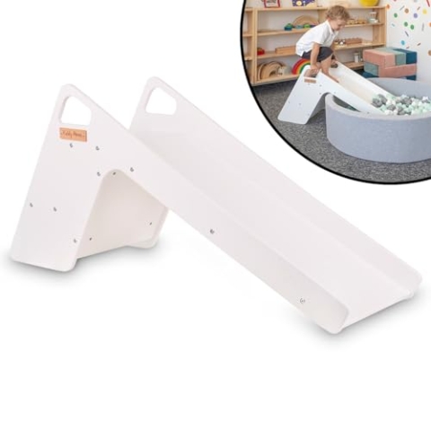 KiddyMoon Kinder Rutsche Aus Holz Stabile Kleinkinderrutsche 2In1 Multifunktion Montessori, Groß, Weiß