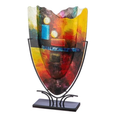 GILDE GLAS art große Deko Vase - handbemalte Glasvase mit Metall Ständer - Dekoration Wohnzimmer Höhe 58 cm Mehrfarbig