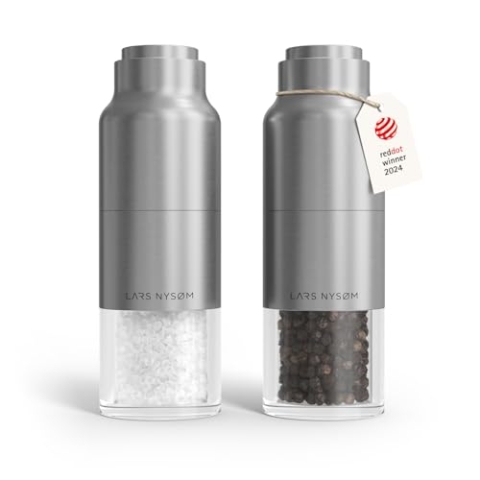 LARS NYSØM Salz und Pfeffermühlenset Edelstahl mit verstellbarem Mahlwerk I Flaschendesign Gewürzmühlen Set Manual (Stainless Steel)
