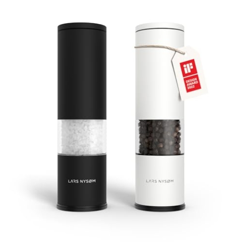 LARS NYSØM Salz und Pfeffer Mühle 2er Set Manuell mit einstellbarem Keramik-Mahlwerk von grob bis fein I Design Gewürzmühlenset (2 Stück) (Black/White)