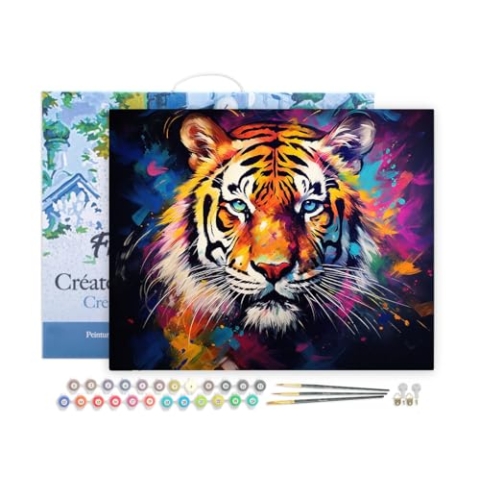 Figured'Art Malen Nach Zahlen Erwachsene Mit Rahmen Tiger Farbenfroh Abstrakt - Paint by Numbers Basteln DIY Bastelset 40x50cm - Leinwand gespannt auf Holzrahmen