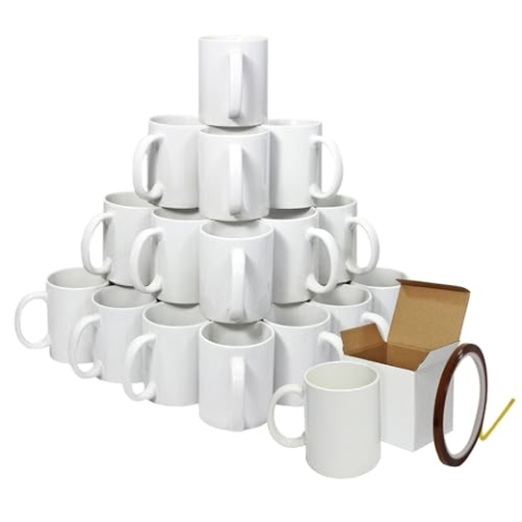 Sublimationsbecher, 36 Stück, weiße Keramik 325 ml Becher der Güteklasse AAA mit Henkel in Geschenkboxen und 1 Wärmebandrolle, 22 m x 0,5 cm, für Tee I Mikrowelle, spülmaschinenfest