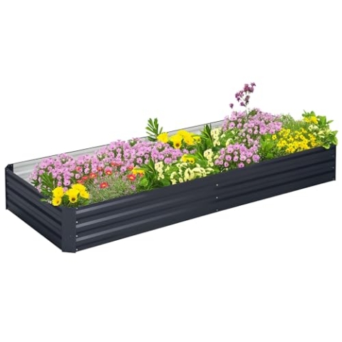 Outsunny Hochbeet Stahl, Pflanzbeet Frühbeet Gartenbeet Blumenkasten steckbar, Pflanzkasten Pflanzkübel Gemüsebeet 241x90,5x30cm für Garten Terrasse, für Blumen, Pflanzen, Obst, Gemüse, Grau