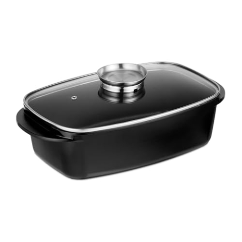 Relaxdays Bräter mit Deckel, Bratentopf 5 L, beschichteter Universalbräter mit Aromaknopf, Elektro-& Gasherd, schwarz