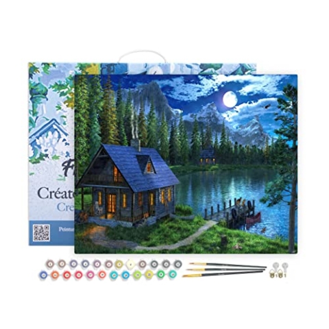 Figured'Art Malen Nach Zahlen Erwachsene Mit Rahmen See am Abend - Paint by Numbers Basteln DIY Bastelset 40x50cm Leinwand gespannt auf Holzrahmen