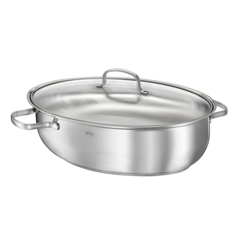 RÖSLE ELEGANCE Bräter oval, Hochwertiger Bräter mit Glasdeckel, Edelstahl 18/10, silberfarben, backofengeeignet, induktionsgeeignet
