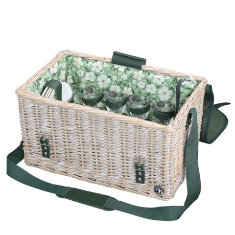 cilio Picknick-Korb Ponza, Für 4 Personen, Geflochtener Korb aus Weide, Deckel aus Bambus als Tisch nutzbar, Inklusive Teller Set, Besteck, Gläsern und Picknickdecke, Schultergurt, Vintage-Weiß