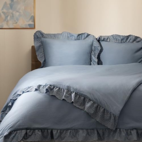HOMLA MORAIN Mikrofaser Bettwäsche Set Blau 160x200 cm Spitzendetails 2 Kissenbezüge