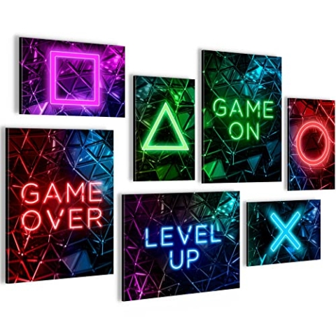 Novart Wandbilder Spielkonsole Gamer - KOMPLETT AUFHÄNGFERTIG - Schwarz Bunt Kinderzimmer Junge Teenager - 7 Moderne Mood-Bilder - N002671a