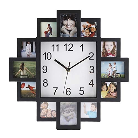 Smandy Wanduhr mit Bilderrahmen quadratische Wanduhr mit 12 Bilderrahmen Fotorahmen Bilderrahmenuhr Fotouhr für eigene Bilder