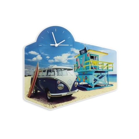 BRISA VW Collection - Volkswagen Retro-Vintage Wand-Quarz-Uhr aus Acrylglas im T1 Bulli Bus (Strandleben/Bunt)