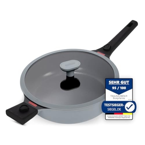 TRAUMLEBEN Bratpfanne 28 cm mit Deckel, abnehmbaren Griffen & Antihaftbeschichtung, PFOA-frei, für Induktion geeignet | ofenfest | hoher Rand | Pfanne beschichtet Brat- & Universalpfannen (grau)