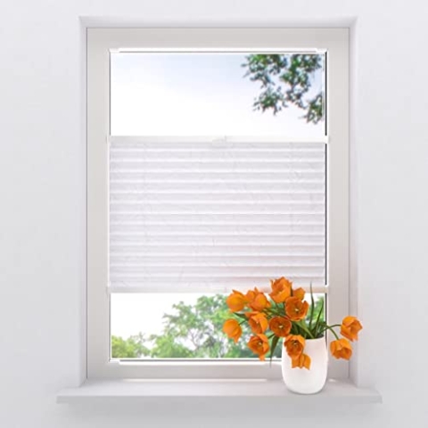Plissee mit Bohren 110 x 130 cm Weiß lichtdurchlässig, plissee innen, Montage ohne Bohren möglich, Fenster rollos für innen, Fenster plissee, pliseerollos, plissees