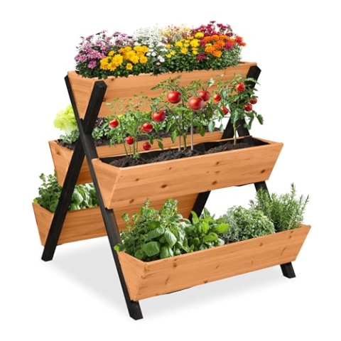 Relaxdays Vertikalbeet, Holz, HxBxT: 82 x 75 x 90 cm, Hochbeet mit 5 Kästen, Etagenbeet Balkon, Terrasse, orange/schwarz