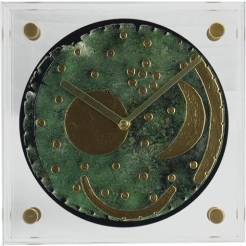 Eurotime Quarztischuhr mit schleichender Sekunde, Lizenz Himmelsscheibe von Nebra, Echtglasgehäuse und Echtglasabdeckung, Zifferblatt mit Echtgoldauflage, Zeigersatz und Sekunde Gold