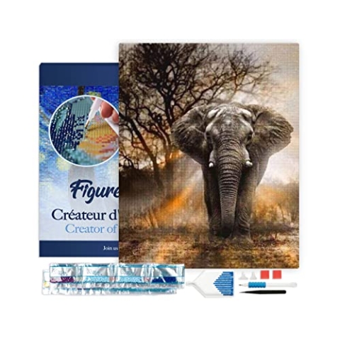Figured'Art Diamond Painting Erwachsene 40x50cm Mit Rahmen Ganze Leinwand gespannt Elefant in der Savanne 5D Bilder Eckige Steine - DIY Set Basteln
