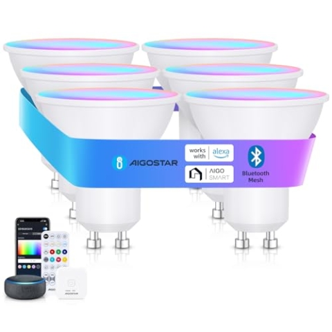 Aigostar Mesh - 6.5W GU10 Alexa Glühbirne Bluetooth Mesh, Smarte Glühbirne Funktioniert mit Alexa, Smart LED Bulb 555LM RGB & CCT(2700K-6500K), 6 Stücke (mit Bluetooth-Fernbedienung und Gateway)