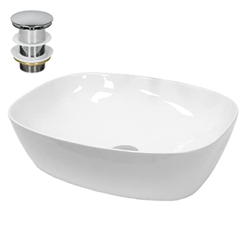 ECD Germany Waschbecken Waschtisch 505x385x135 mm aus Keramik Weiß inkl. Ablaufgarnitur für Waschbecken ohne Überlauf Aufsatzbecken Aufsatzwaschbecken Aufsatzwaschtisch Waschschale Spülbecken Becken
