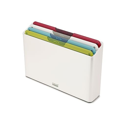 Joseph Joseph Folio Icon Schneidebrett-Set mit Aufbewahrungsbox, rutschfest, farblich gekennzeichnet, 4-teilig, Mittel, Weiß