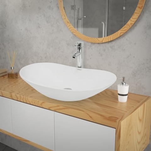 ECD Germany Design Waschbecken Waschtisch 640 x 365 x 130 mm aus Keramik Weiß - Aufsatzbecken Aufsatzwaschbecken Handwaschbecken Aufsatzwaschtisch Spülbecken Wasserfall Waschschale Waschschüssel