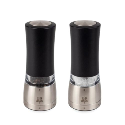 PEUGEOT - Duo Pfeffermühle + elektrisches Salz Daman u'Select Zilrion 16 cm – 6 voreingestellte Mahleinstellungen mit Pfefferkörner/Salzstein – Aluminium – Design in Frankreich – Farbe: Schwarz