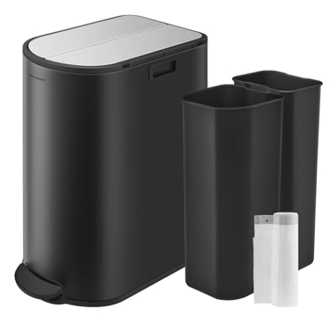 SONGMICS ULTB570B50 Doppel-Küchen-Mülleimer, 20,1 und 30,3 l Fächer, Mülleimer mit Flügeldeckel, Edelstahl, sanft schließend, Inneneimer, Ink Black und Metallic Silber, ULTB570B50