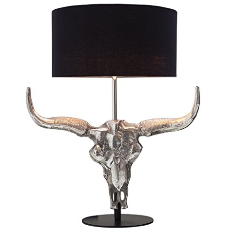 Imposante Tischlampe EL TORO 68cm silber Stierkopf Tischleuchte E27 Tierschädel Schädel Stoffschirm schwarz