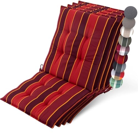 Beautissu 4er Set Premium Niedriglehner Auflage Gartenstuhl 100x50cm Sun-NL – 8cm Dick Polster Gartenstuhlauflage rutschfest Befestigungsbänder UV-Lichtechtheit 5 – Robust Stoff Rot Gestreift
