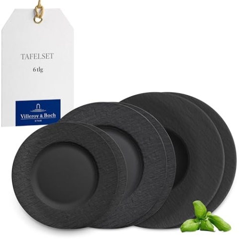 Villeroy & Boch – Manufacture Rock Teller-Set, 6 Tlg., Geschirr Set Für 2 Personen, Premium Porzellan, Schwarz