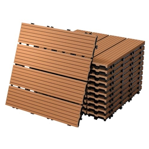 ECD Germany WPC Terrassenfliesen 30x30 cm/55 Stück=5m², Hellbraun geriffelt, Holzoptik, Bodenbelag mit Klicksystem und Drainage, Terrassendielen Balkonfliesen, Klickfliesen für Terrasse Garten Balkon
