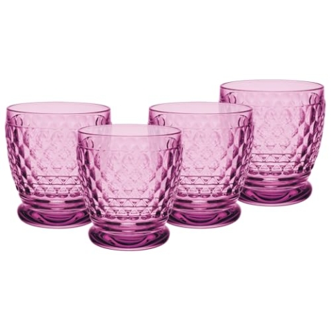 Villeroy & Boch Boston Berry Becher 4er Set, 330 ml, Farbige Trinkgläser mit Facettenmuster, Becher aus Kristallglas für Heiß- und Kaltgetränke, Spülmaschinengeeignet, Rosa