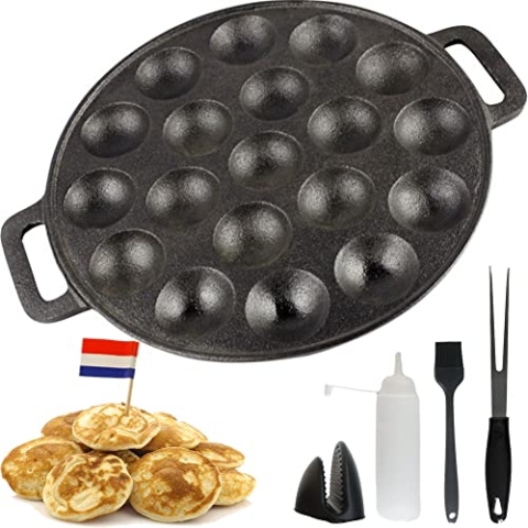 YUGN Poffertjes Pfanne 24 cm – Gusseisen Donut Maker & Pancake Pfanne – Backform für 19 Mini-Pfannkuchen – Induktion & alle Herdarten – Crepe Pfanne mit Zubehör & Rezept-E-Book