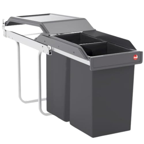 Hailo Abfallsammler Tandem 3650101 Einbau-Mülltrenner mit 2 Fächern - Küchen-Mülleimer für den Einbau im Unterschrank - 2x 15 L - Abfalleimer mit Teilauszug für Unterschränke ab 40 cm - Dunkelgrau