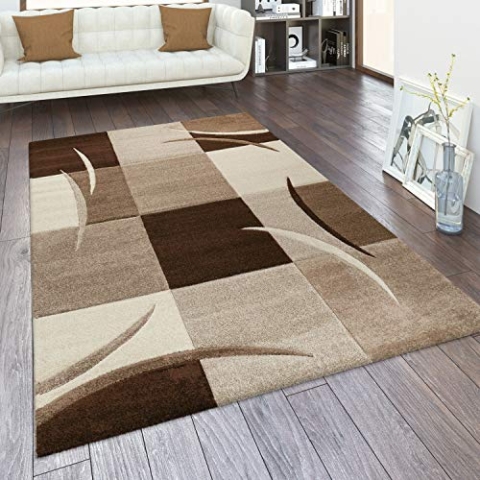 Paco Home Teppich Wohnzimmer Kurzflor Schlafzimmer Modern Geometrisches Muster Kariert Meliert, Grösse:240x330 cm, Farbe:Braun