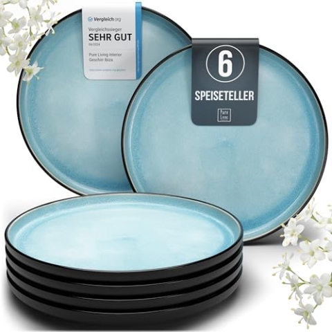 Steingut Teller groß 6 Pers. Ibiza Hochwertiges Mediterranes TEST SEHR GUT Steingut Speiseteller Set - Spülmaschinen-, Mikrowellen- und Kratzfest - Stylisches Essteller Set - Pure Living in Aquamarin