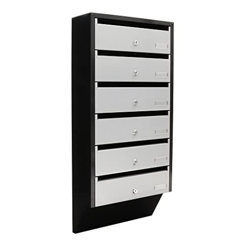 Rottner Briefkasten Emma 6, Stahl, Silber schwarz, Zylinderschloss, 2 Schlüssel pro Fach, B x H 38,5 cm x 82,4 cm, Namensschilder inklusive, Befestigungsmaterial inklusive