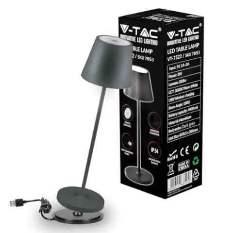 V-TAC Dimmbare LED-Tischlampe Kabellos mit Touch-Bedienung Wiederaufladbar Grau Lampe für den Innen und Draußen - Außenbereich IP54 - Hause Restaurant - 4400-mAh-Akku - Warmweiß 3000K - 2W, (VT-7522)