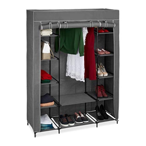 Relaxdays Stoffschrank mit Kleiderstange & 12 Ablagen, HBT: 175x135x45cm, Kleiderschrank mit Reißverschluss, anthrazit