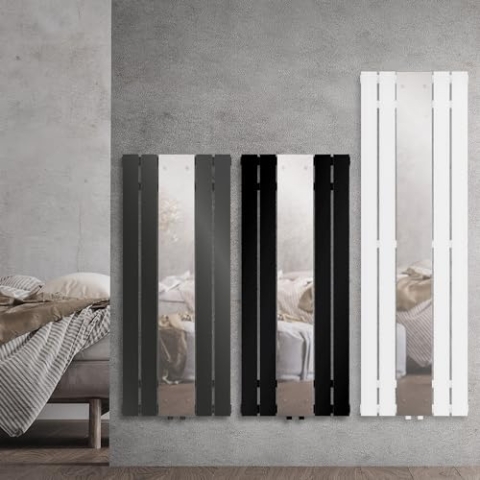 LuxeBath Badheizkörper mit Spiegel 1200x450 mm Schwarz matt, Design Paneelheizkörper Mittelanschluss Heizung, Flach, Spiegelheizkörper Glasheizkörper Flachheizkörper Vertikal Einlagig mit Montage-Set