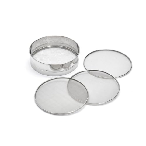 de Buyer - Edelstahlsieb mit 4 auswechselbaren Siebeinsätzen (3mm/ 2mm/ 1mm/ 0,5mm Durchmesser) - 4605.21, Silber