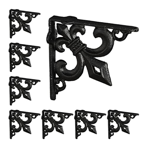 8 x Regalwinkel antik, Regalträger Gusseisen, Lilien Ornament, Vintage Wandwinkel für Regalboden, Regalkonsole, schwarz